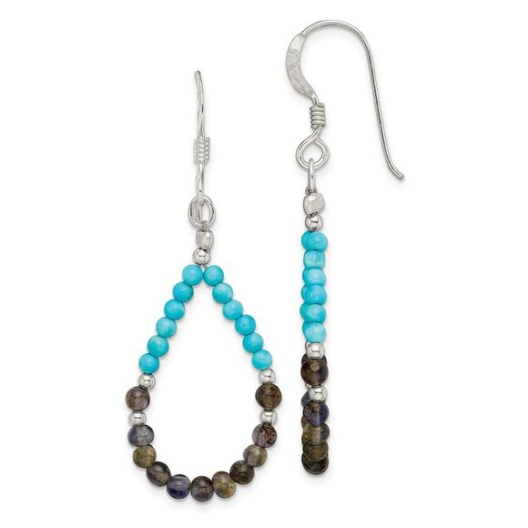 Kazi Luxury Silver Polished Iolite & Recon. Turquoise Teardrop Dangle Earrings - Picture 1 of 4